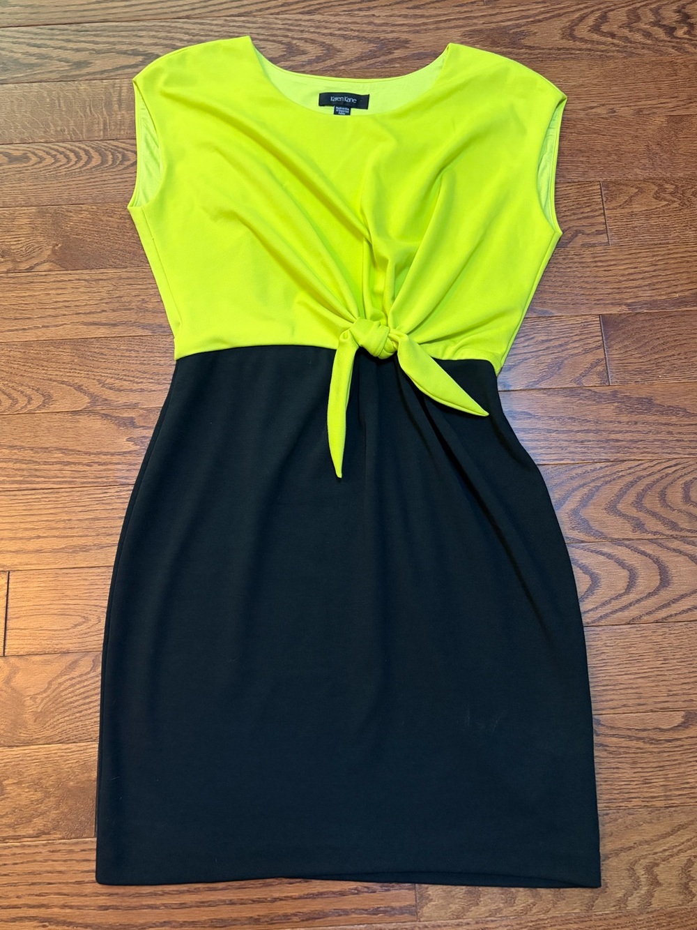 Karen Kane Neon Yellow Lime and Black Tie-Front Midi Knit Dress Size S